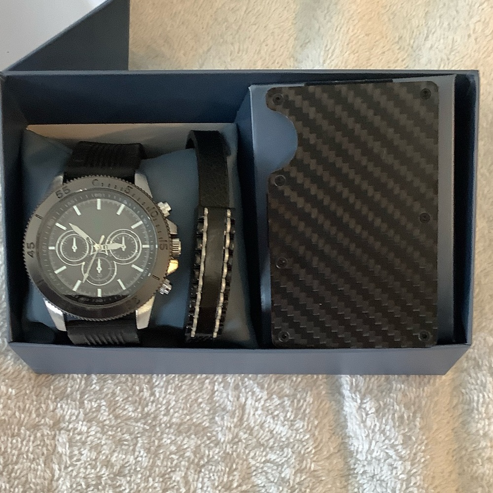 Black Chronograph Watch Gift Set with Card Holder